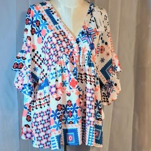 Joy Joy Kimono Tie Back Top Plus Size XS Blouse White Pink Blue Floral NWT